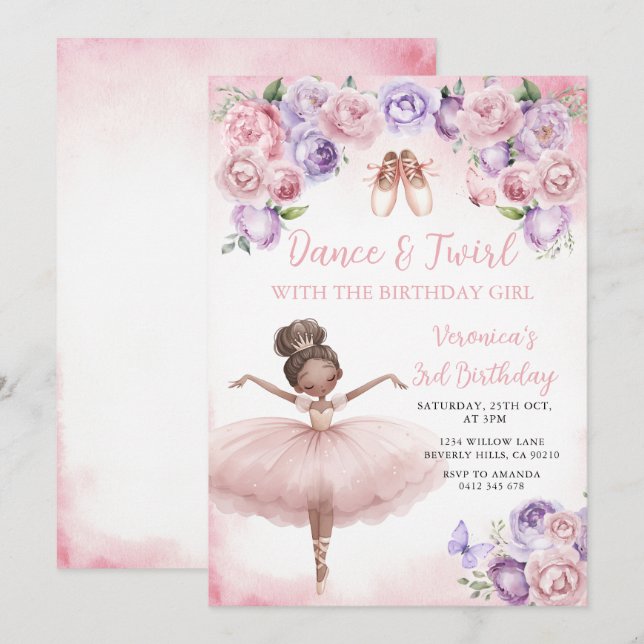 Invitación Bailarina Morada Cumpleaños 3 (Anverso / Reverso)