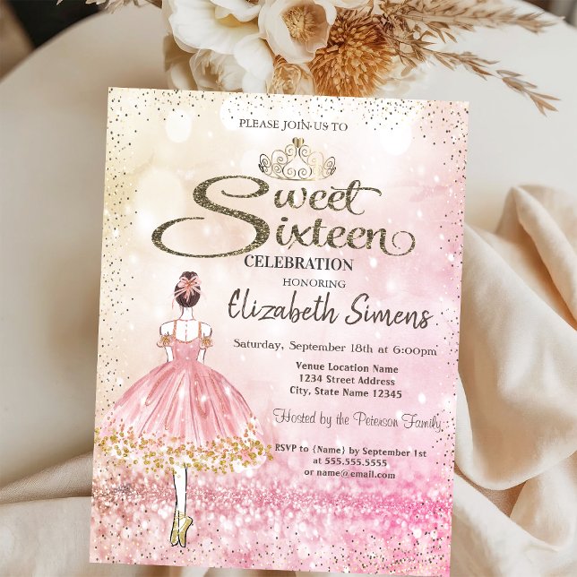 Invitación Bailarina,Princesa Tiara Bokeh Sweet 16  (Subido por el creador)