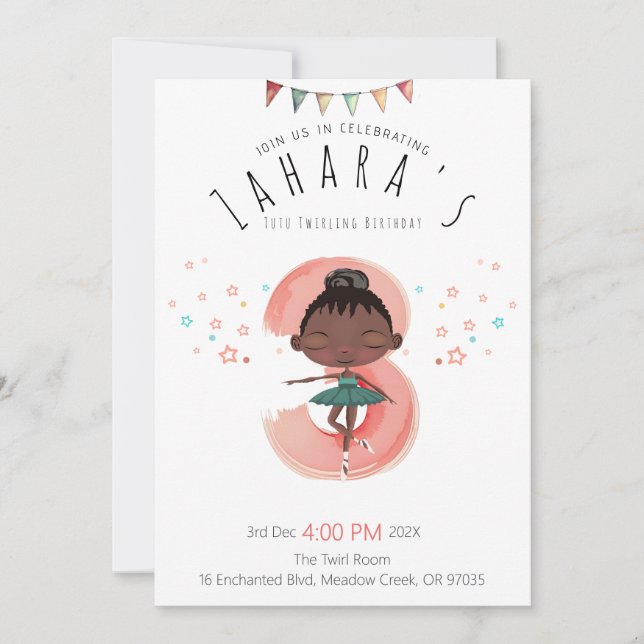 Invitación Bailarina rizada cumpleaños 3 niña negra (Anverso)