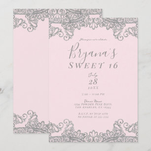 Invitación Bailarina Rosa Brillo Plata Encaje Dulces 16 Fiest