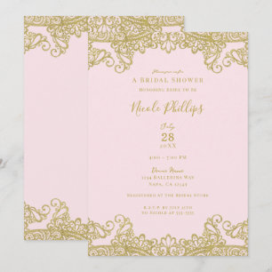Invitación Bailarina Rosa y Encaje Dorado Elegante Desfile Nu