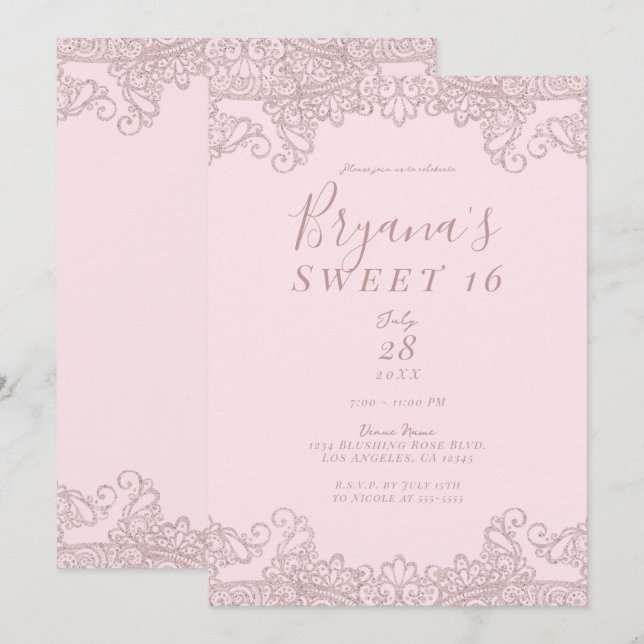 Invitación Bailarina Rubor Rosa Brillo Encaje Dulce Fiesta de (Anverso / Reverso)