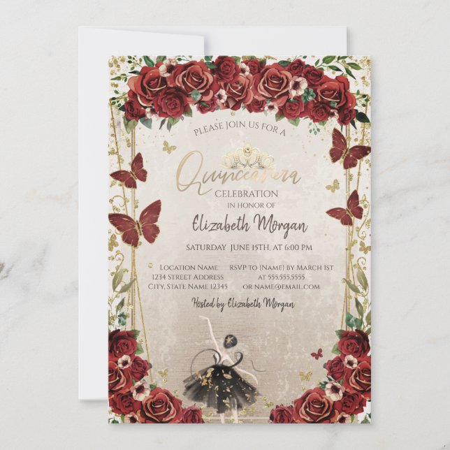 Invitación Bailarina, Tiara, Flores Rojas Quinceañera (Anverso)