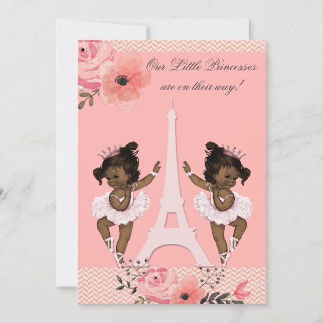 Invitación Bailarinas gemelas étnicas París floral Baby (Anverso)