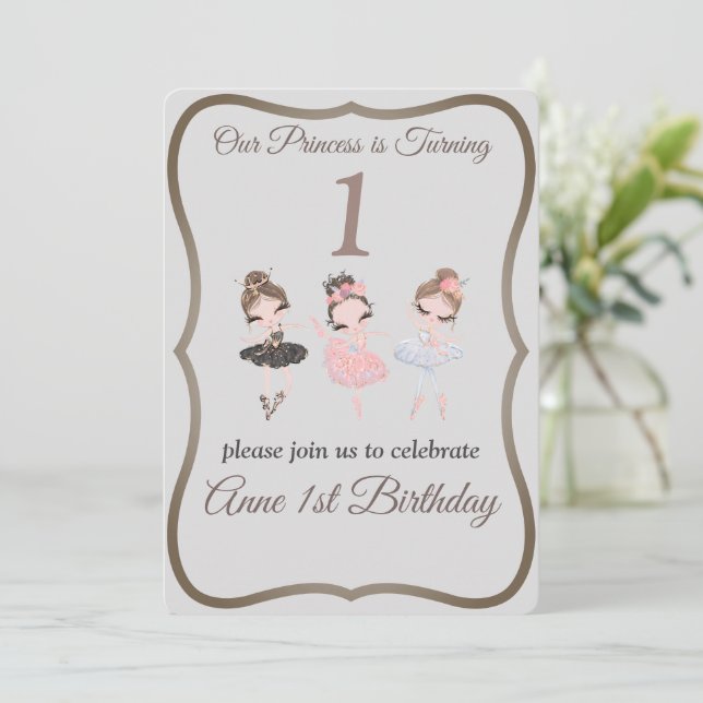 Invitación Bailarinas Princesa Grises y Rosadas Cumpleaños 1e (Anverso de pie)