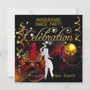Invitación Baile de disfraz de oro rojo Bola de discoteca