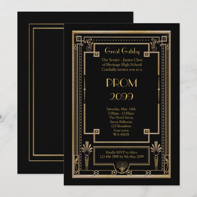 Invitación Baile de fin de curso Mayor-Menor, gran Gatsby, (Anverso / Reverso)