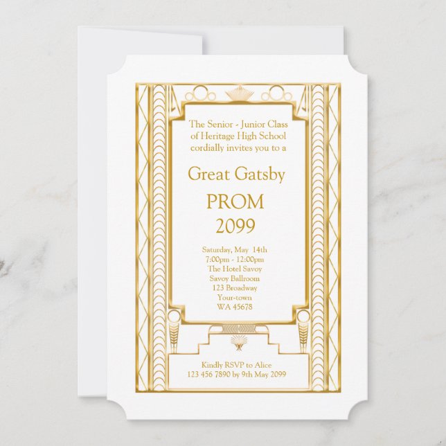 Invitación Baile de fin de curso Mayor-Menor, gran Gatsby, (Anverso)