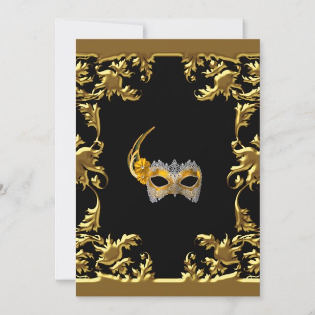 Invitación Baile de Gala Máscara Elegante Negro Oro (Anverso)