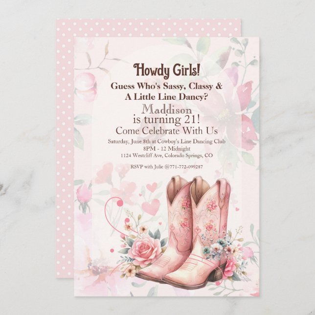 Invitación Baile de la línea de cumpleaños de Cowgirl (Anverso / Reverso)