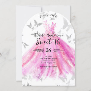 Invitación Baile de Mariposa de Plata Rosa Cumpleaños Dulces 