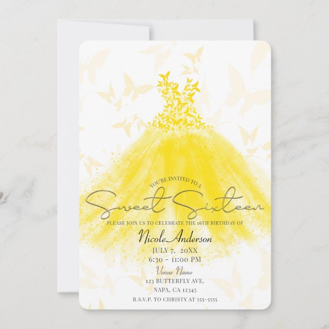 Invitación Baile de Mariposa Vestido Amarillo Fiesta de Dulce (Anverso)