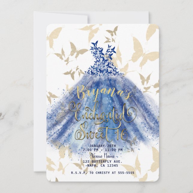 Invitación Baile de Mariposa Vestido Azul y Dulces 16 de Oro (Anverso)