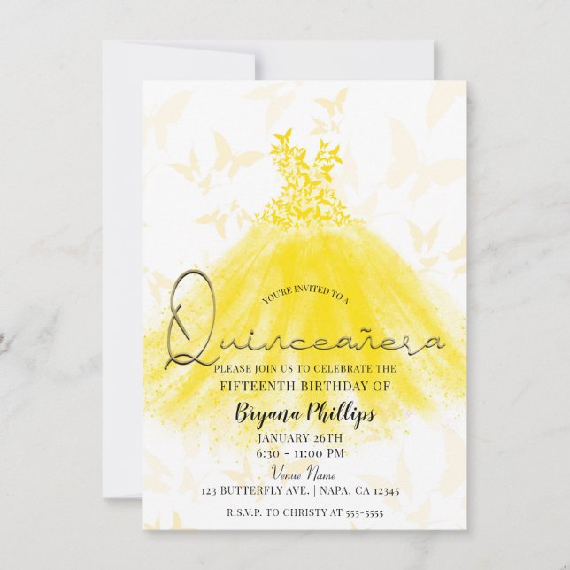 Invitación Baile de mariposa Vestido de espuma amarillo Quinc (Anverso)