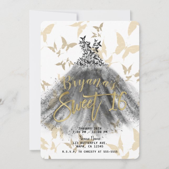 Invitación Baile de mariposa vestido negro y dorado dulce 16 (Anverso)