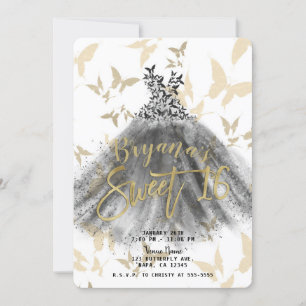 Invitación Baile de mariposa vestido negro y dorado dulce 16