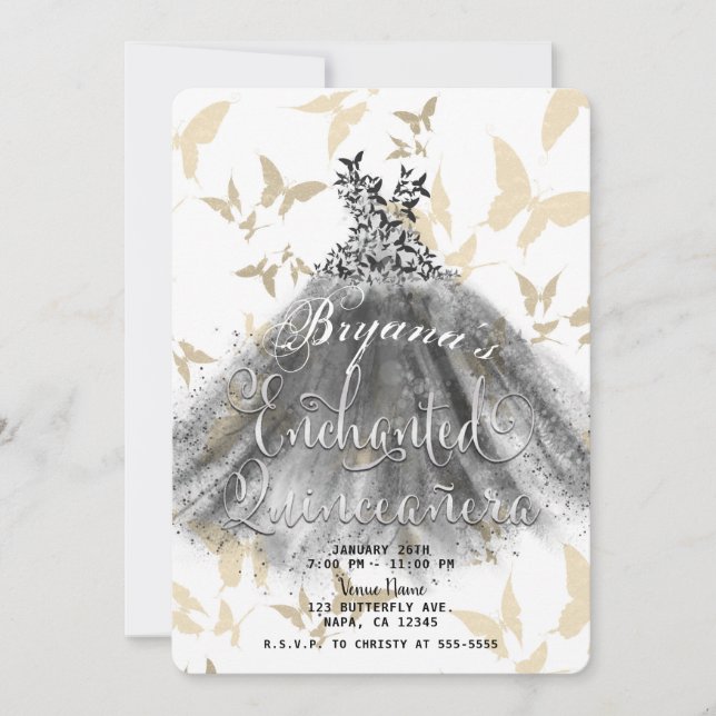 Invitación Baile de mariposa vestido negro y oro 15 Quinceañe (Anverso)
