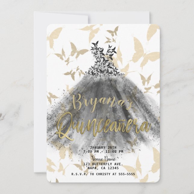 Invitación Baile de mariposa vestido negro y oro Quinceañera  (Anverso)