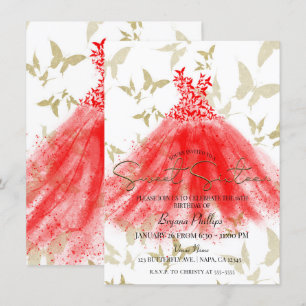 Invitación Baile de Mariposa Vestido Rojo Dulces 16 Fiesta