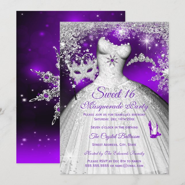Invitación Baile de Máscara de Princesa Dulces 16 Morado Plat (Anverso / Reverso)