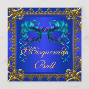 Invitación Baile de Máscaras Azul Navy Oro Azul Cobalto