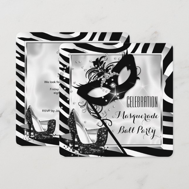 Invitación Baile de Máscaras Black White Zebra Fiesta 2 (Anverso / Reverso)
