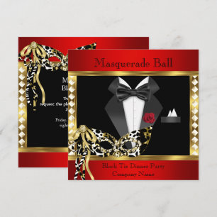 Invitación Baile de Máscaras de Corbata Negra Rojo Dorado de