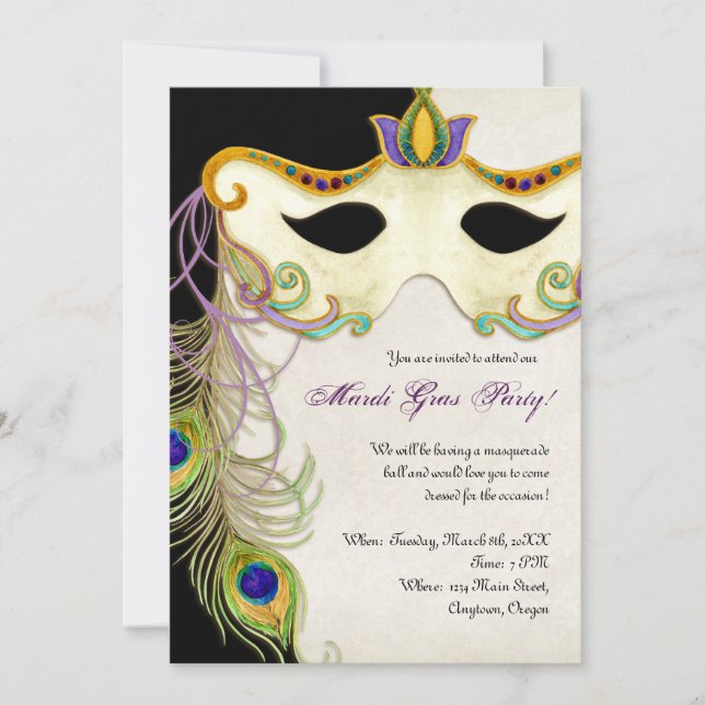 Invitación Baile de Máscaras de Disfraz de Pavo Real - Fiesta (Anverso)