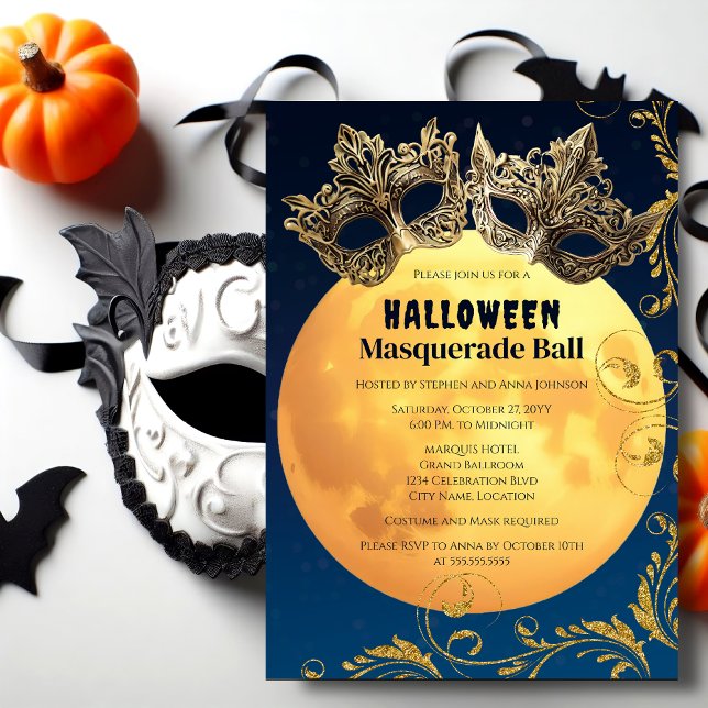 Invitación Baile de Máscaras de Luna Llena de Halloween (Halloween full moon masquerade ball invitation front.)