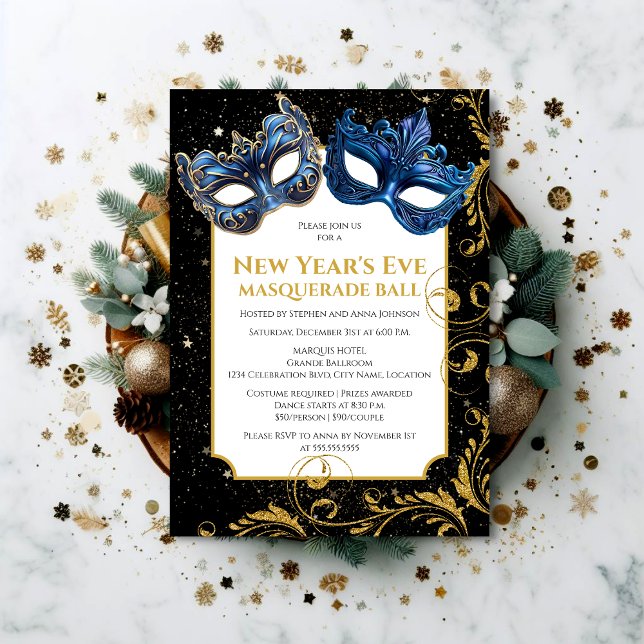Invitación Baile de Máscaras de Nochevieja Azul Dorado (Set the tone for a memorable NYE celebration by inviting your guests with this elegant invitation.)