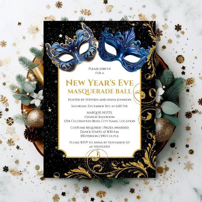 Invitación Baile de Máscaras de Nochevieja en Azul Dorado (Set the tone for a memorable NYE celebration by inviting your guests with this elegant invitation.)