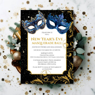 Invitación Baile de Máscaras de Nochevieja en Dorado y Azul