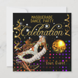 Invitación Baile de Máscaras de Oro Negro Fiesta Bola de Disc