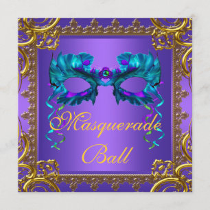 Invitación Baile de Máscaras de Oro Purpura Turquesa Azul