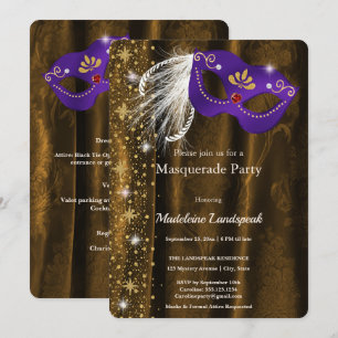 Invitación Baile de Máscaras de Púrpura Real y Oro Gala Damas