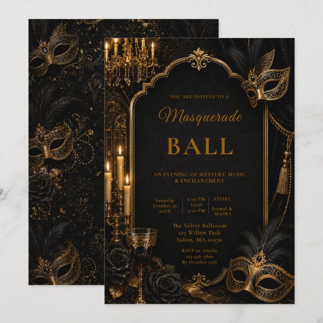 Invitación Baile de Máscaras Elegante (Anverso / Reverso)