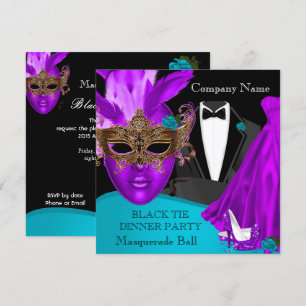 Invitación Baile de Máscaras Fiesta de Corbata Negra Purpura