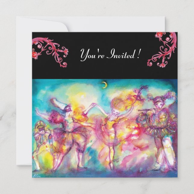 Invitación BAILE DE MÁSCARAS ,florituras rojas (Anverso)