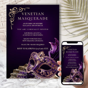 Invitación Baile de Máscaras Púrpura Negro Elegante Veneciano