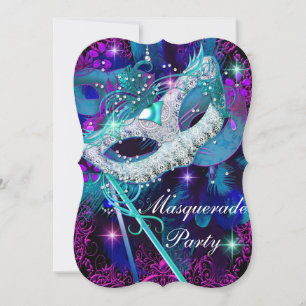 Invitación Baile de Máscaras Verde Azul y Púrpura