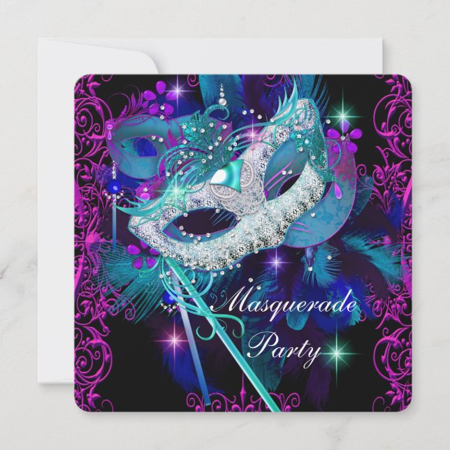 Invitación Baile de Máscaras Verde Azul y Púrpura (Anverso)