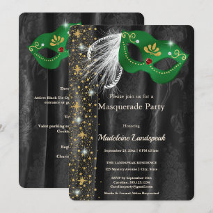 Invitación Baile de Máscaras Verde Esmeralda de Gala de Damas