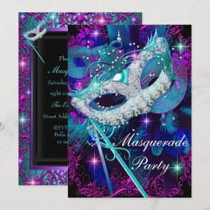 Invitación Baile de Máscaras Verde y Púrpura