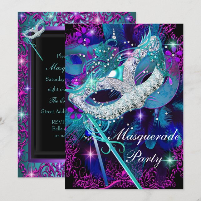 Invitación Baile de Máscaras Verde y Púrpura (Anverso / Reverso)