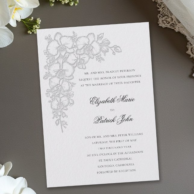 Invitación Baile de orquídeas formal tradicional boda marfil (orchid wedding invitation ivory formal dance modern classic traditional black tie parents hosting)