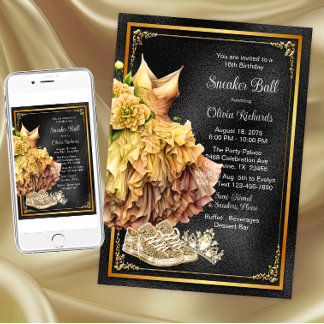 Invitación Baile de Zapatillas de Oro Negro