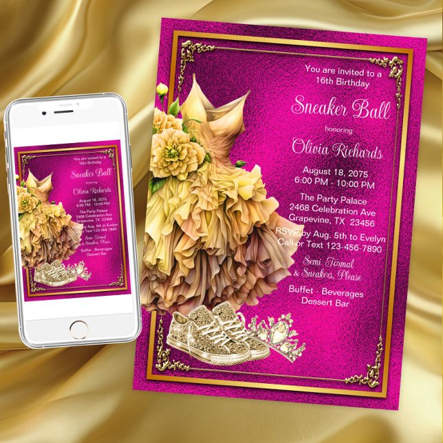 Invitación Baile de Zapatillas de Oro Rosa Fucsia (Hot pink gold sneaker ball invitation. Instant download and printed invitations available.)