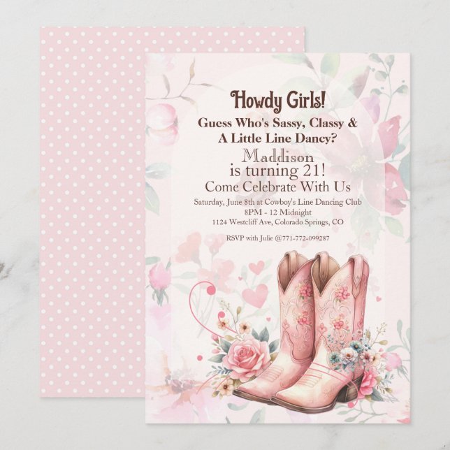 Invitación Baile en línea de cumpleaños de vaquera (Anverso / Reverso)