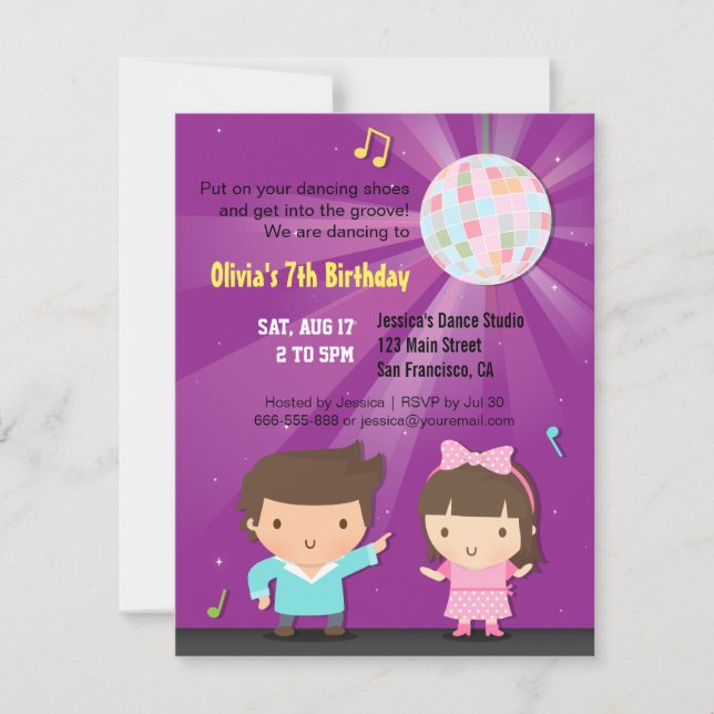 Invitación Baile Groove Bola Disco Infantil Fiesta de Cumplea (Anverso)