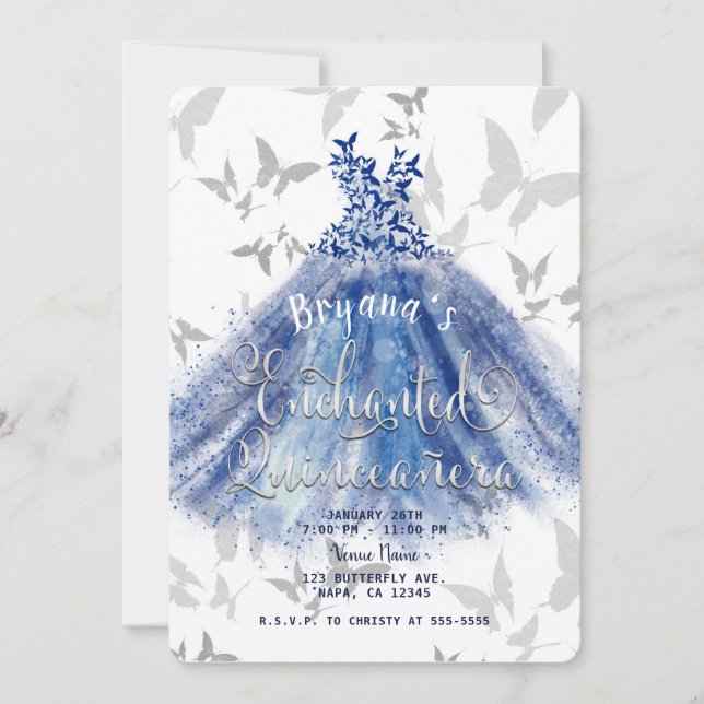 Invitación Baile mariposa Azul Vestido Plata 15 Quinceañera (Anverso)